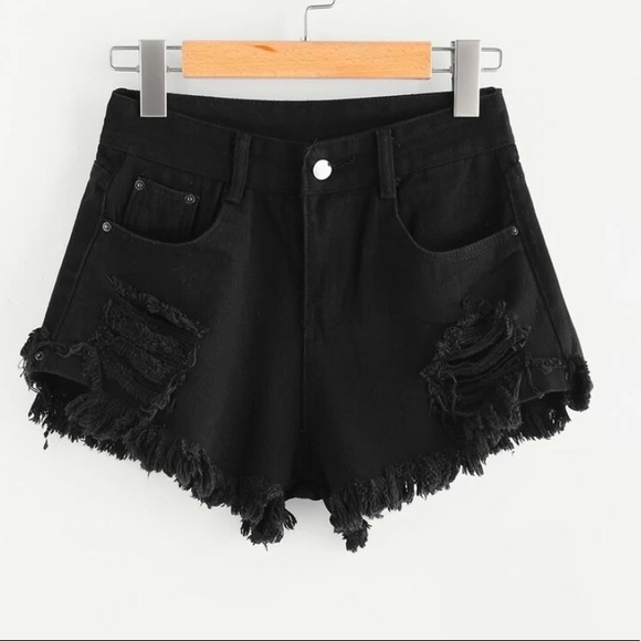 Black High Waisted Ripped Jean Shorts - Picture 1 of 3